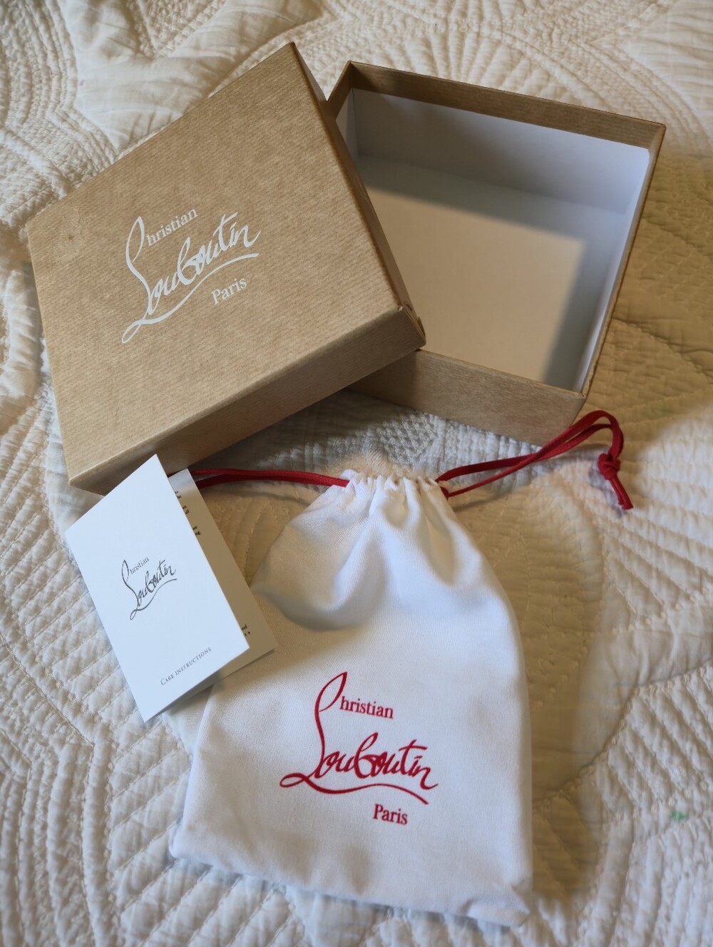 Christian Louboutin White Drawstring Pouch with Red Logo and Cord 'Empty Box".